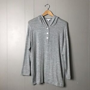J JILL GRAY PINSTRIPED HENLEY HOODED TUNIC LONG SLEEVE RAYON BLEND WOMENS MEDIUM